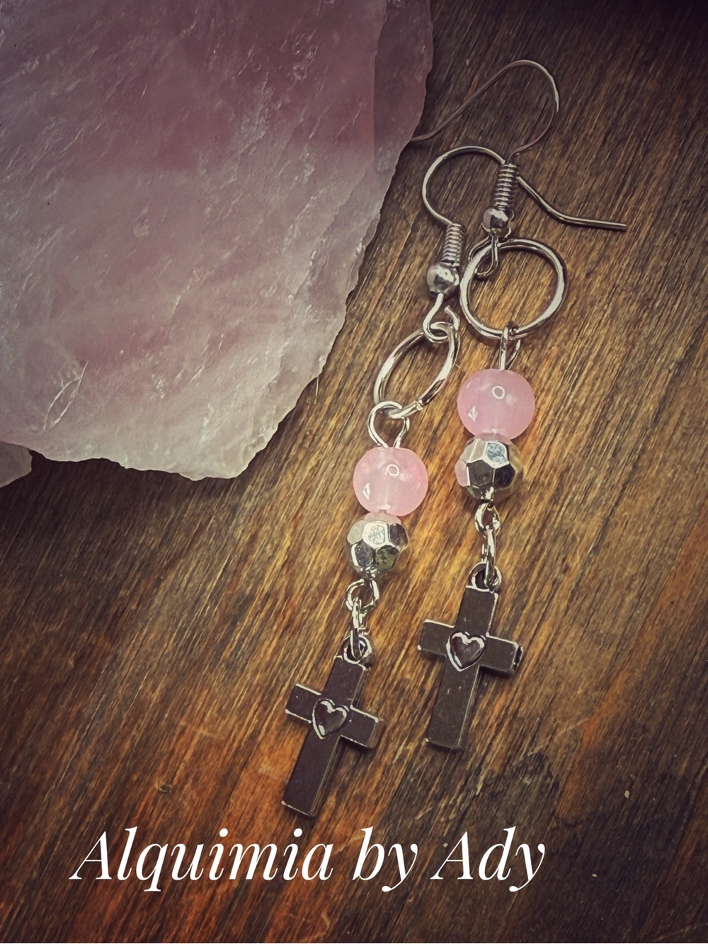 Alquimia Silver Cross Earrings with Pink quartz Beads
